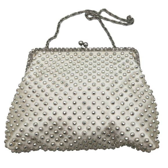 West Germany White Satin Rhinestone Beaded Purse With Change Purse Kiss Lock VTG - Picture 16 of 16